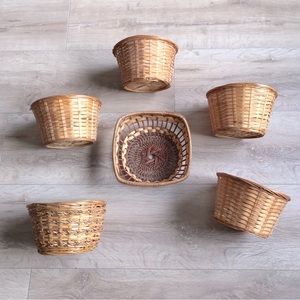 Vintage retro lot of woven rattan planter pot baskets , bohemian basket decor
